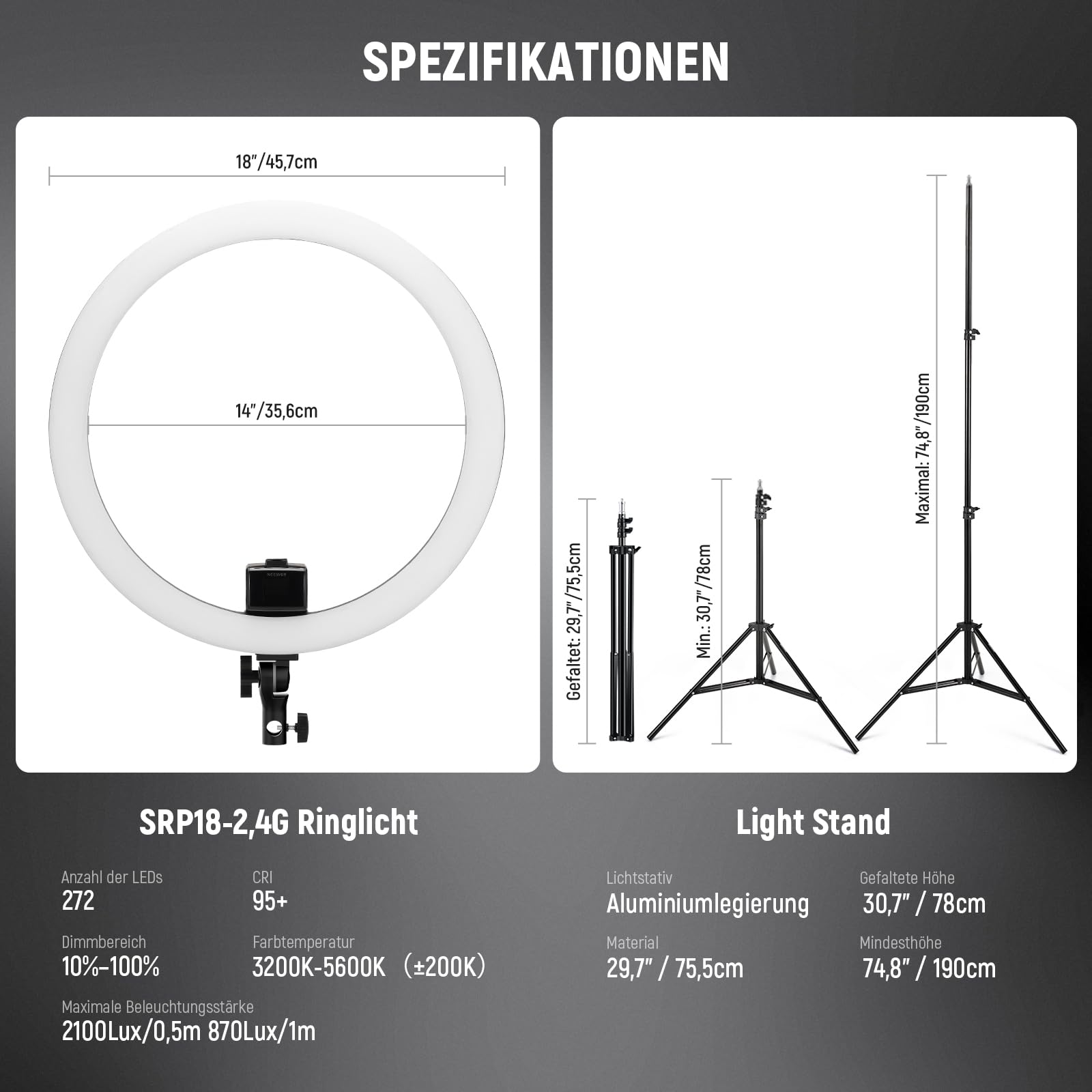 NEEWER Ringlicht SRP18-2,4G 18 Zoll LED mit Ständer und Telefonhalter, 2,4G & Manual Touch Control Professional Ringlicht, 42W 3200-5600K für Tattoo Wimpern Friseur Fotografie Beleuchtung,(Schwarz)