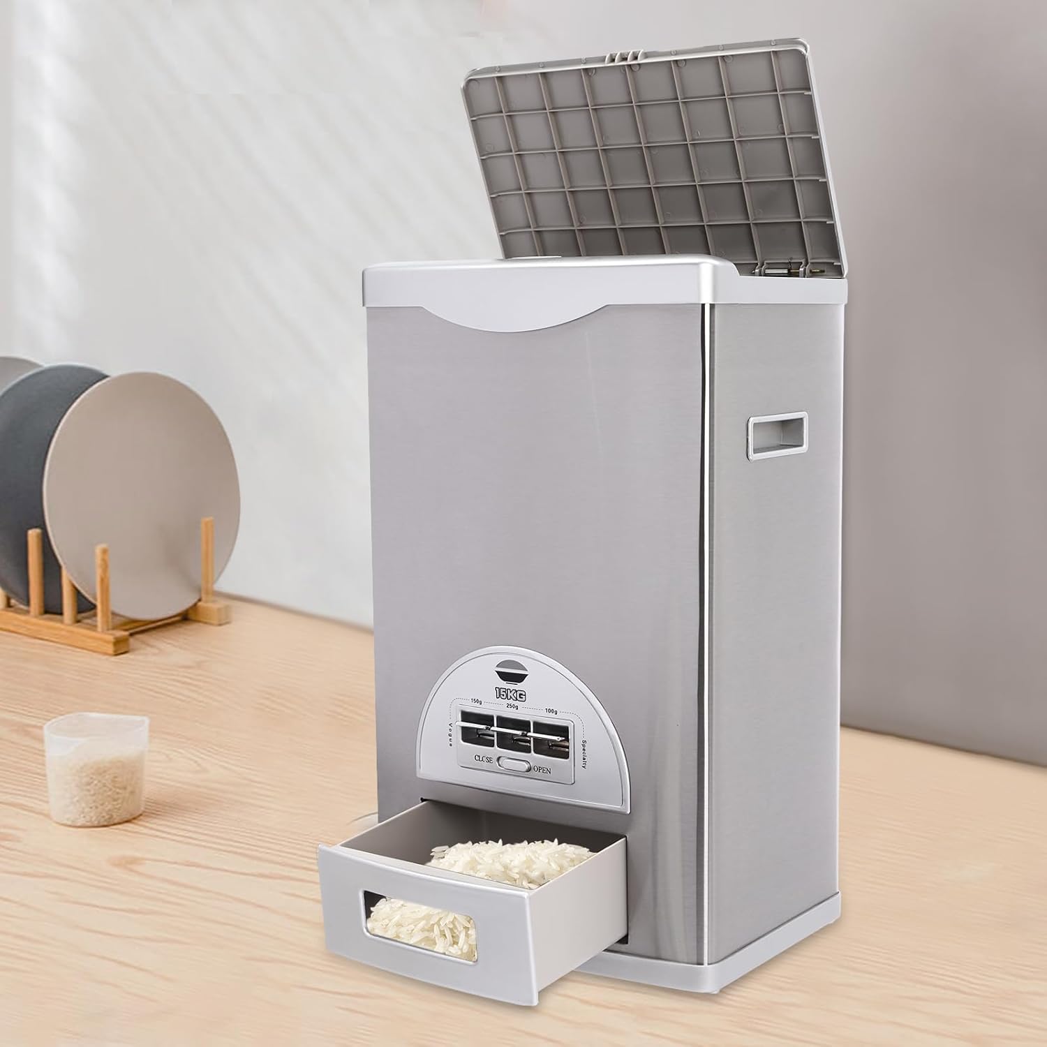 33LBS Stainless Steel Rice Dispenser - Automatic Measuring Dispenser with 3 Gears, Large Capacity Rice Storage Container for Kitchen/Pantry (Silver)
