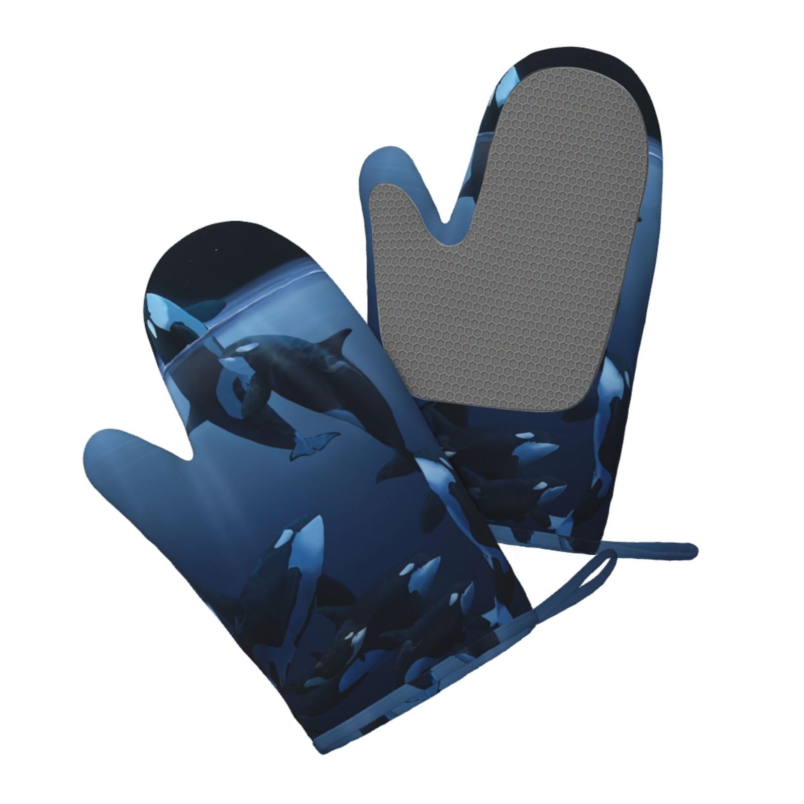 Silicone Oven Mitts Set 2PCS, Whale family Printed Heat Resistant Non-Slip Silicone Oven Gloves for Kitchen Cooking Baking Microwave