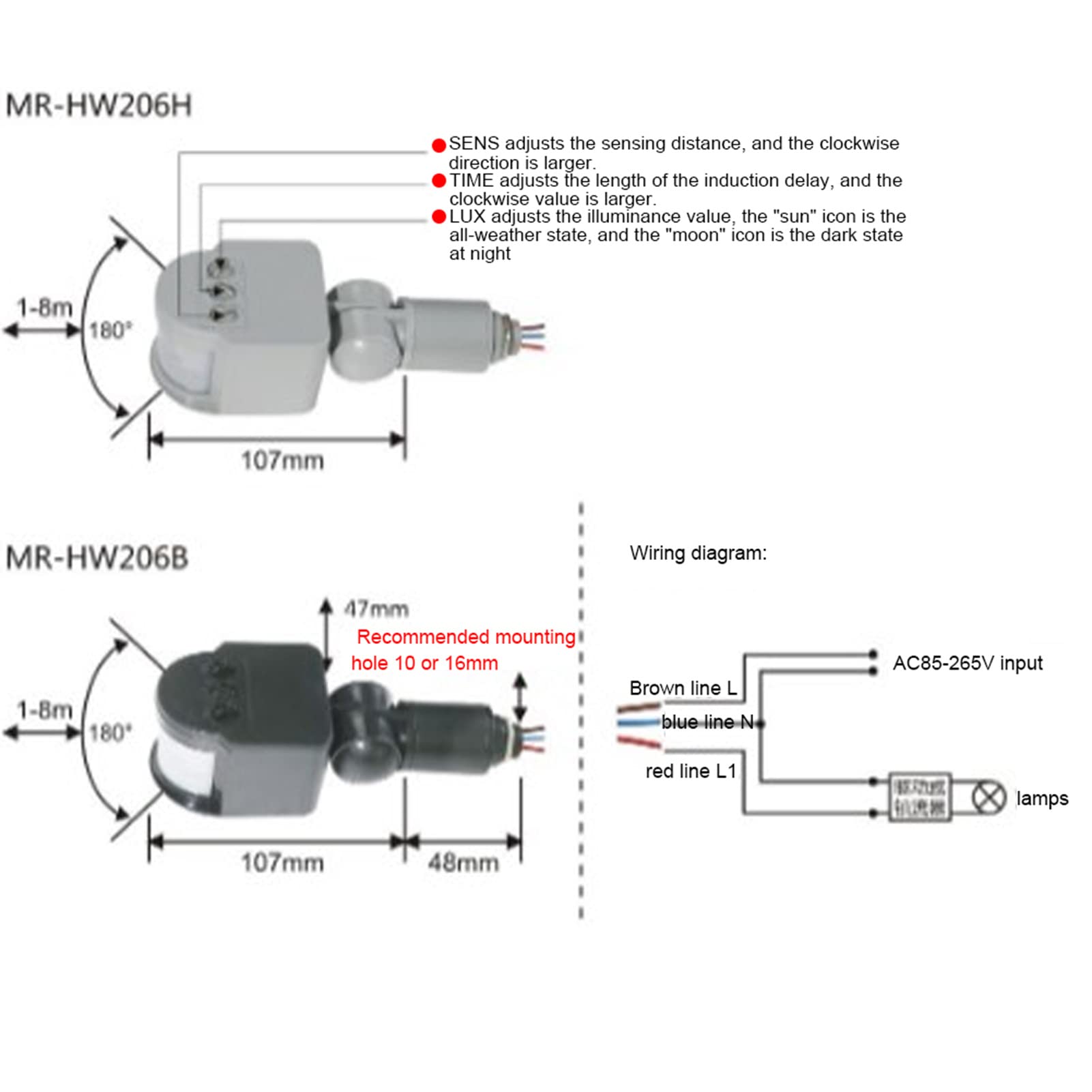 Motion Sensor Detector Switch, AC90V-250V, 180° Rotation, 1-8M Induction Distance, 150 Watts, Human Motion Infrared Rays Control Signal Sources, 1.8 x 2.3 x 3.5in