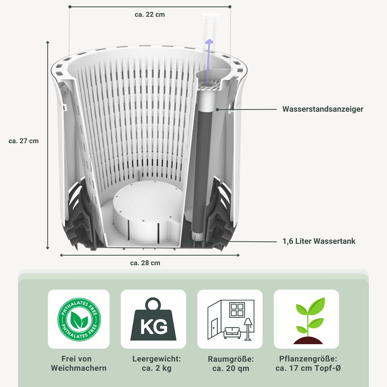 AIRY Sistema M (2303-603) • Purificador de aire natural • Filtra contaminantes, alérgenos y olores • Airy Pot M (antracita) incluye gran cáñamo arco y sustrato de 6 litros • Fabricado en Alemania.