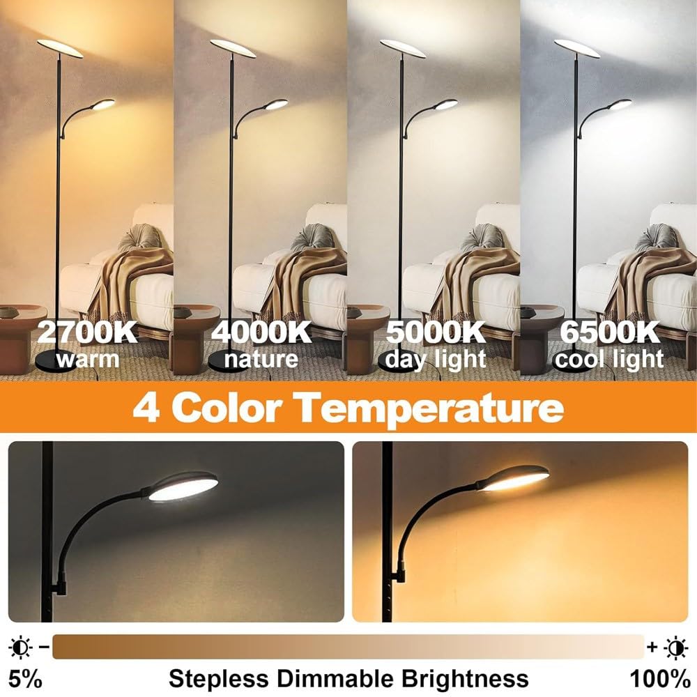 wonderlamp Lámpara de pie LED Brenan CCT Dim (30+6W). Luz regulable, control táctil