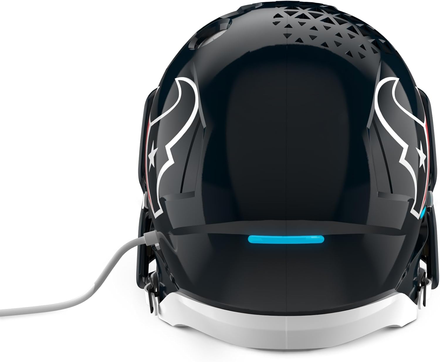 posterior view of the Echo Dot placed inside the Houston Texans helmet stand, showing the power cable exiting the back.