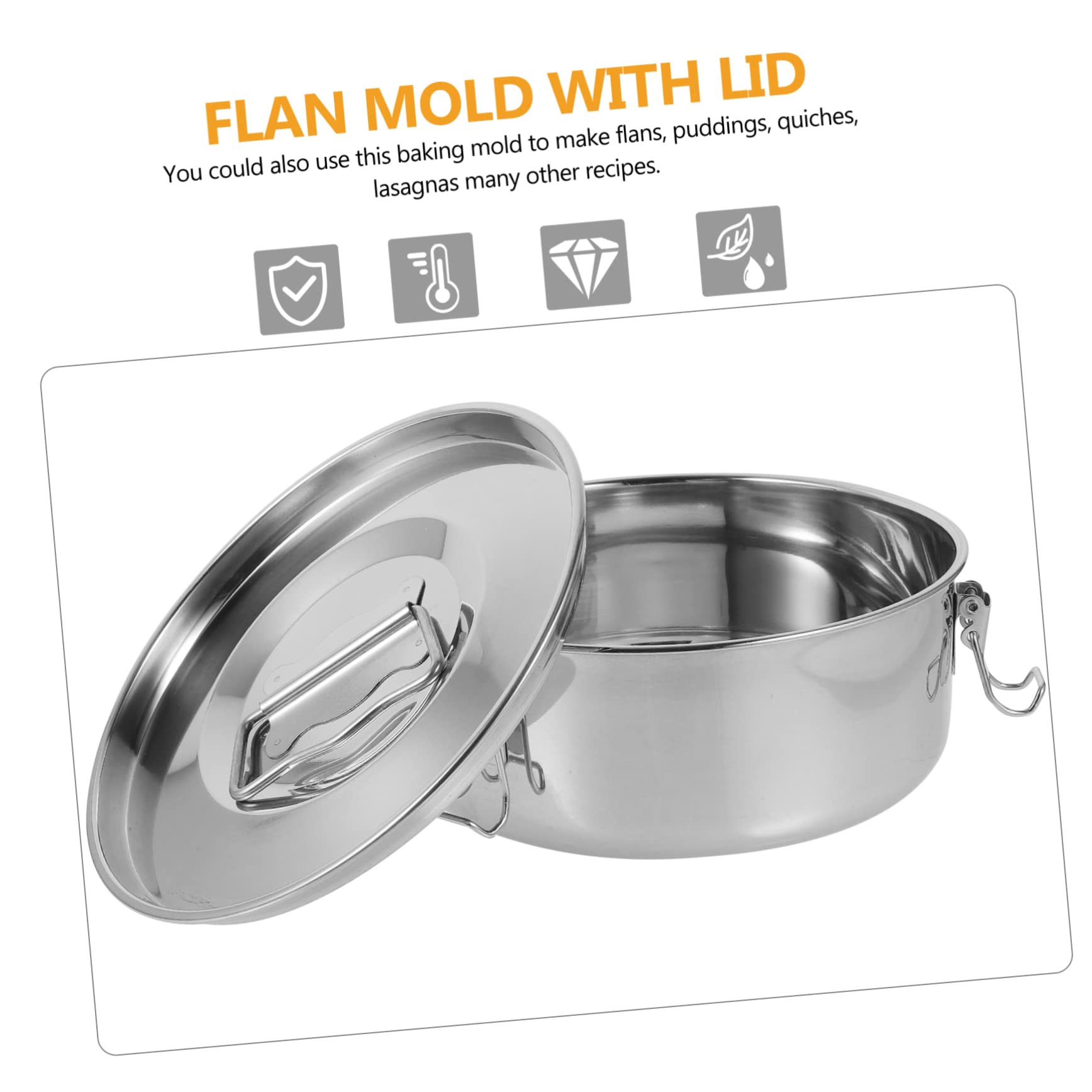 Molde de Flan con Tapa de Acero Inoxidable Plata para Hornear | Asa, Resistente y No se Deforma Fácilmente, Uso Prolongado, Apto para Flanes y Pescado