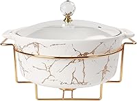 8.7" Ceramic 2 Quart Casserole Dish with Glass Lid & Gold Chafing Rack - Elegant Soup Tureen for Buffets, Parties & Family Dinners