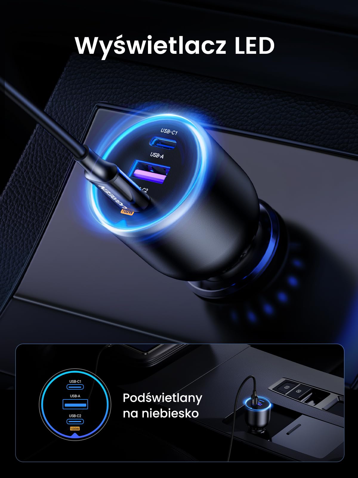 UGREEN zapalniczka samochodowa USB C 130W 3-portowa ładowarka samochodowa