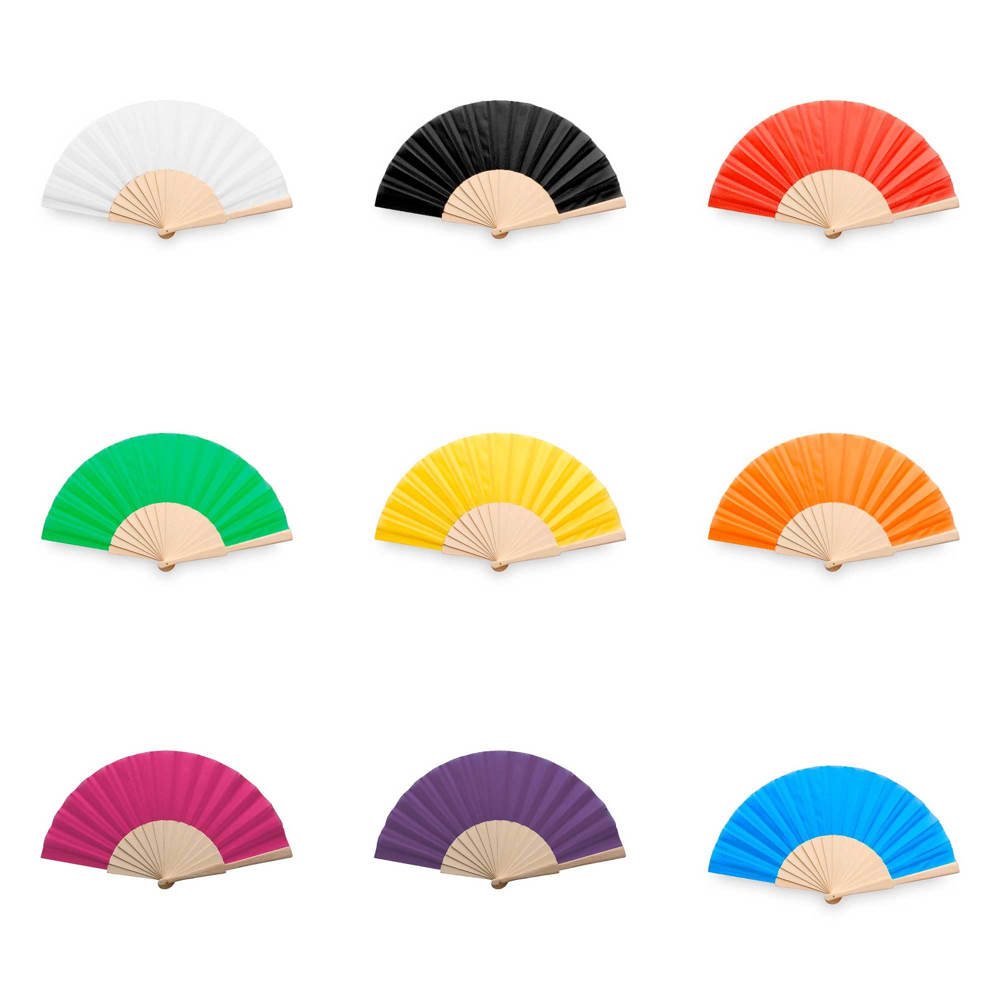 Lote 25 abanicos de madera natural y tela en colores variados. Con 16 varillas. Abanicos para eventos, detalles para los invitados a Bodas, Comuniones o Bautizo.