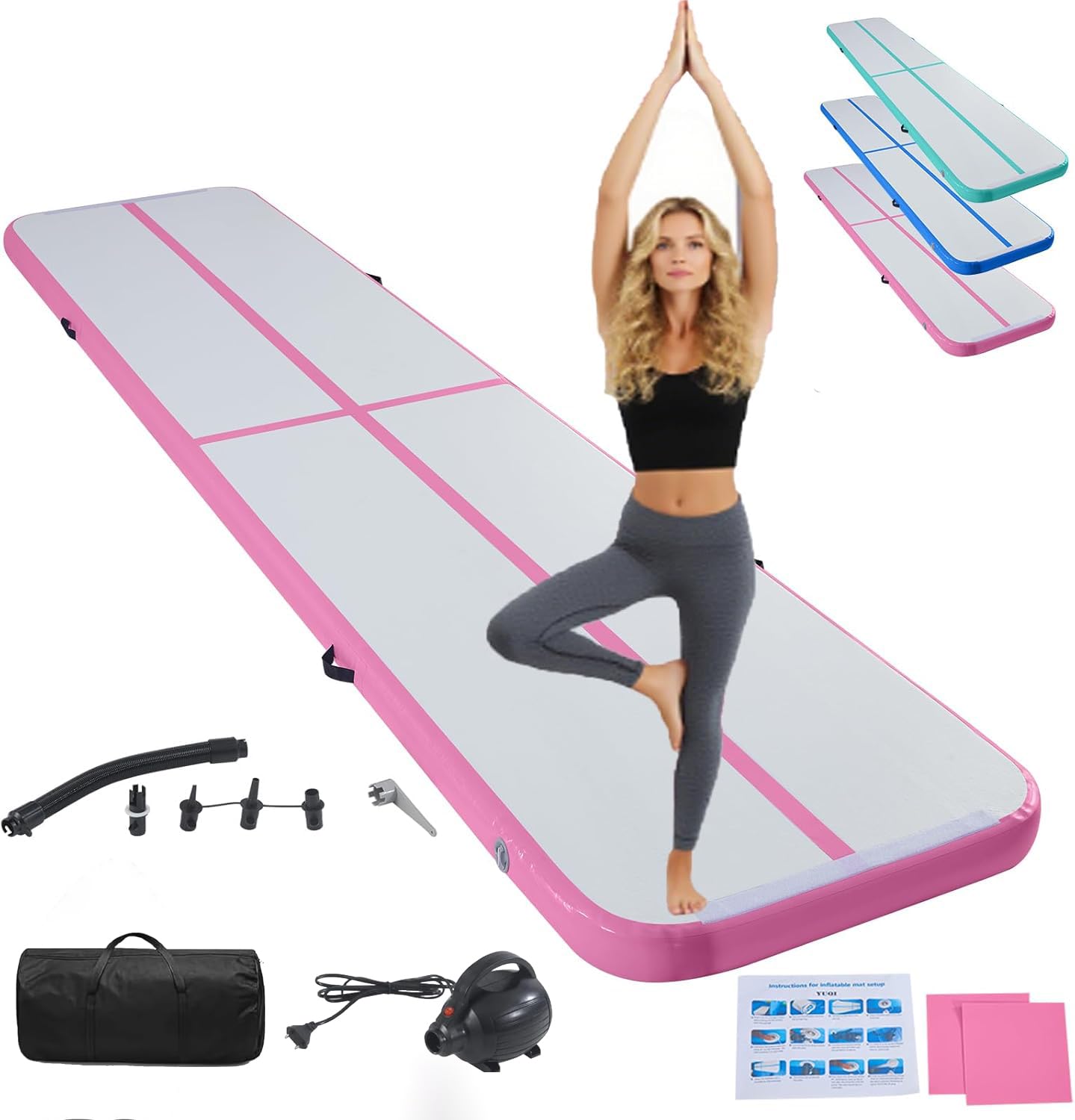 LSBIKE Inflatable Tumble Track Gymnastics Mat, 3m/4m/5m/6m Air Mat with Pump, Portable Air-Filled Tumbling mat for Home, Cheer, Yoga, Kids & Adults – Non-Slip & Waterproof (Pink, 6m/20ft)