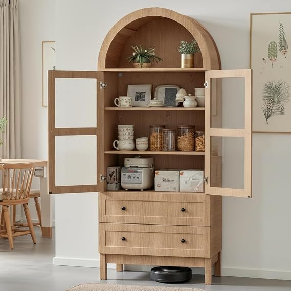 71 Tall Arched Kitchen Pantry, Storage Cabinet with Glass Doors, 2 Large Drawers & 3 Adjustable Shelves, Modern Farmhouse Design for Home Kitchens, Small Homes & Apartments