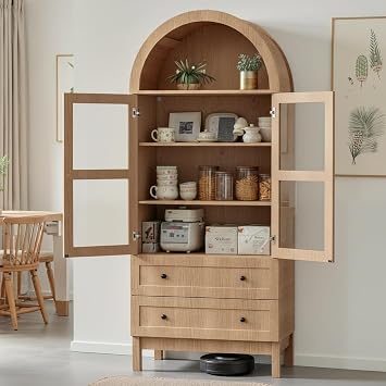 71 Tall Arched Kitchen Pantry, Storage Cabinet with Glass Doors, 2 Large Drawers & 3 Adjustable Shelves, Modern Farmhouse Design for Home Kitchens, Small Homes & Apartments