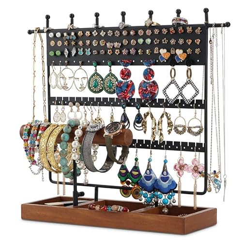 Jazuiha Earring Organizer Stand,124 Holes Earring Holder With Wooden Tray,Jewelry Tower Rack For Necklaces Ear Studs Bracelets Watches And Rings,Earring Display Stand For Women Girls (Black) #TOP4