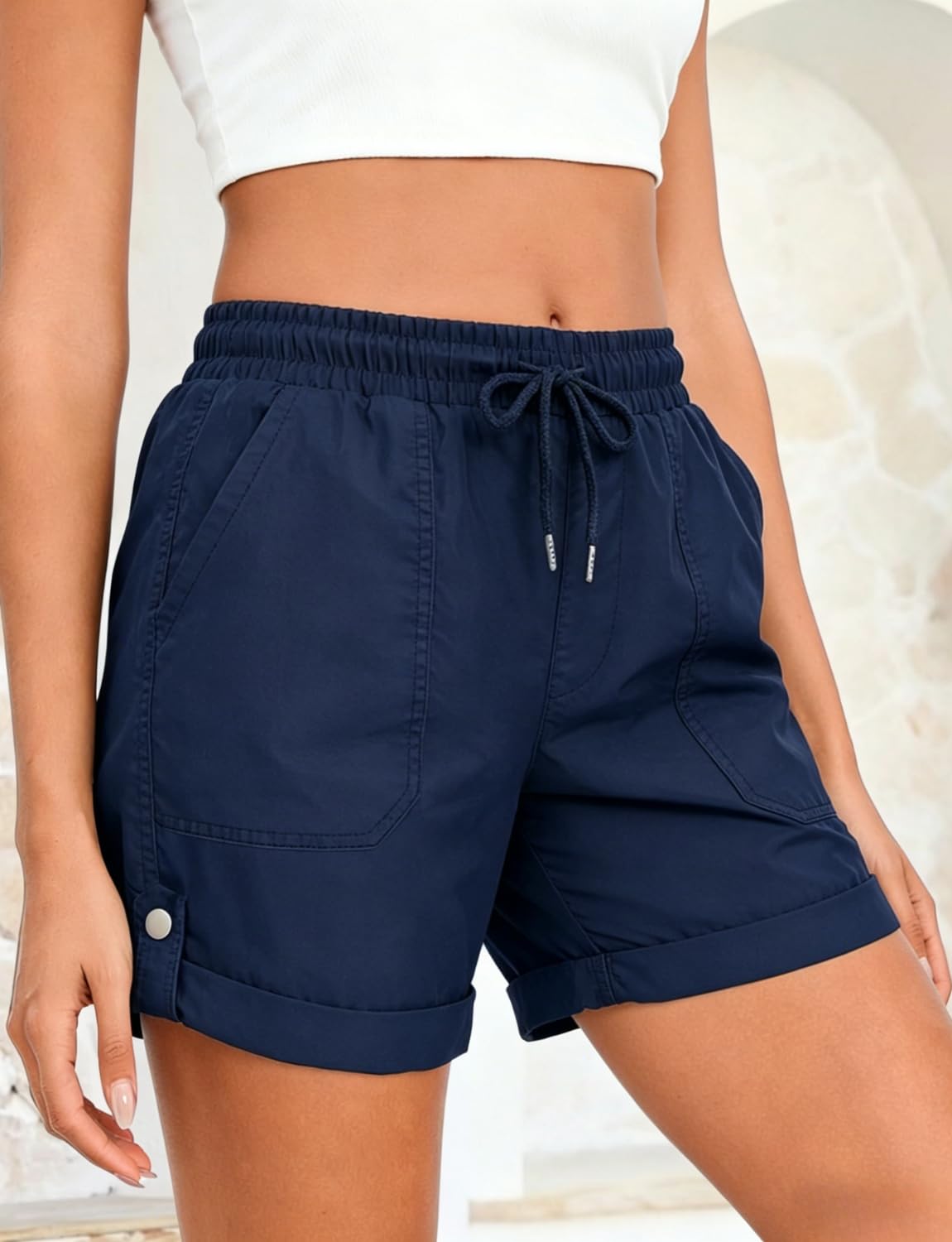 JFAN Short Cargo pour Femme avec Taille élastique Femmes été Confortable Shorts Décontracté Entraînement Couleur Unie Short Plage