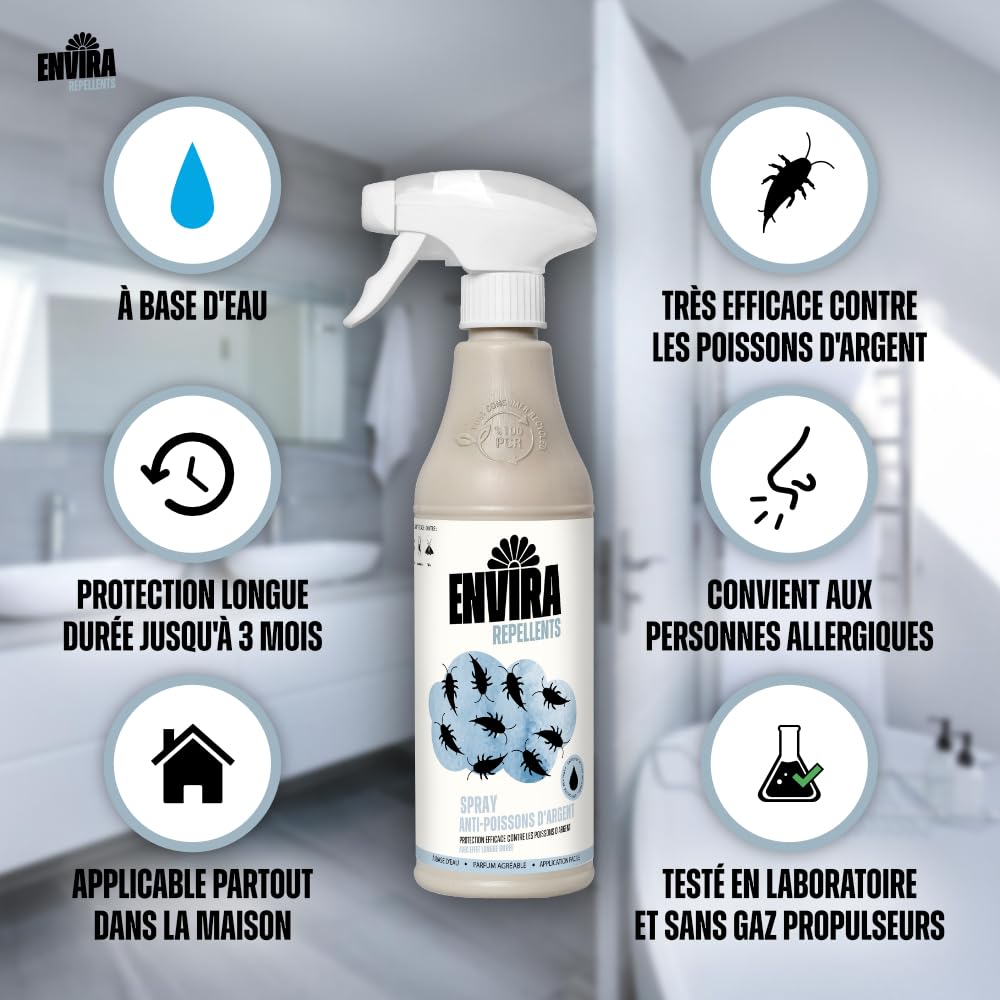 Envira Spray Contre Les Poissons d'argent - Anti-Poisson d'argent à Effet Longue durée - Inodore & à Base d'eau - 500 ML