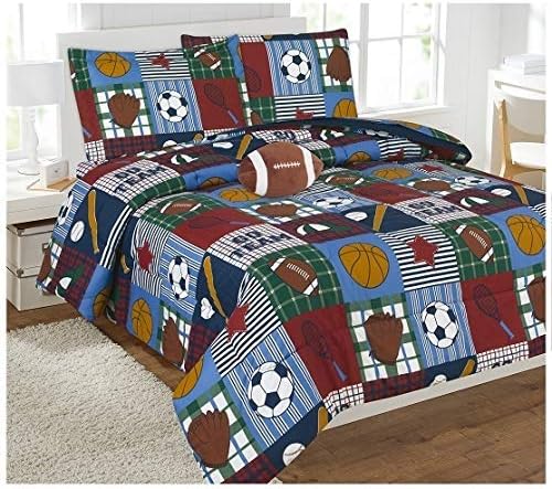 6 Piece Twin Kids Boys Comforter Set Bed in Bag w/Sham, Sheet Set & Decorative Toy Pillow, Sport Patchwork Hockey Football Soccer Multicolor Comforter Bedding Set w/Sheets, Twin 6pc RB