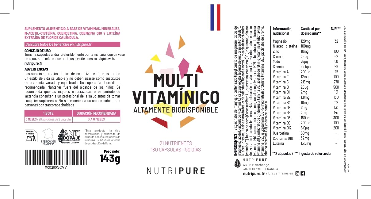 Nutripure | Multivitaminas y Minerales 21 Nutrientes | Suplemento Alimenticio | Magnesio, Vitamina B12, Vitamina D, Zinc | Antioxidante, Cognitivo, Visión | 180 Cápsulas | 3 Mes | Fabricado en Francia
