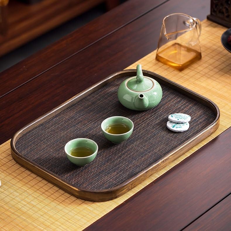 Bandeja Bandeja Rectangular Retro China, Bandeja de té Redonda, Estera Tejida, Bandeja de té seco, Bandeja de té Zen, Bandeja de postres Bandejas para Servir Comida(E)