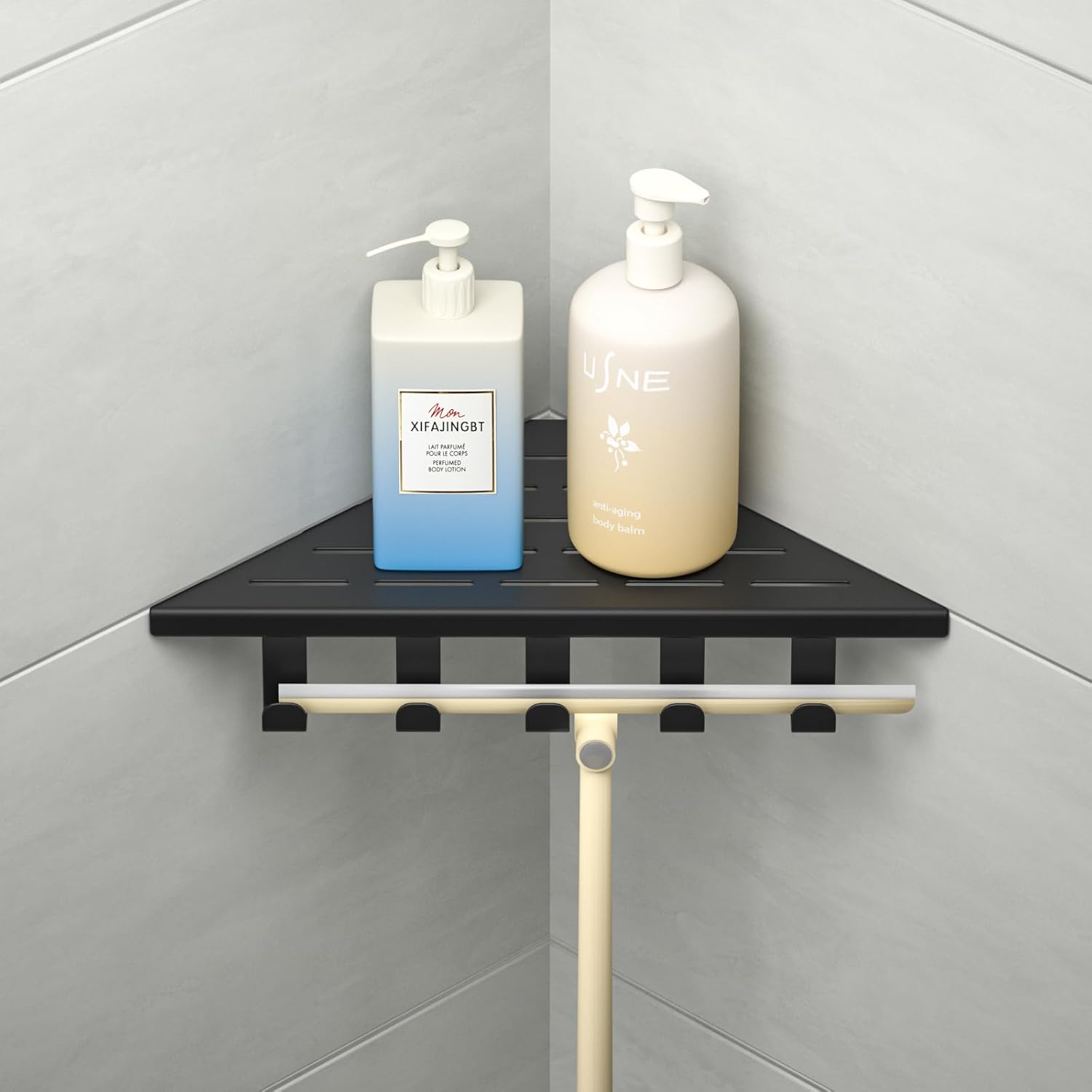 10‘’ Corner Shower Shelf, 304 Stainless Steel Shelves for Bathroom, Grout in Shelf with Hooks for Tiled Wall (Matte Black)
