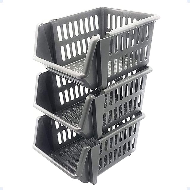 St@llion Set of 3 Small Silver Plastic Stackable Basket Multi-Purpose Storage Kitchen Shelves Veg Rack Fruit Storage Stand Stacking Shelves Stationary Basket (Pack of 1)