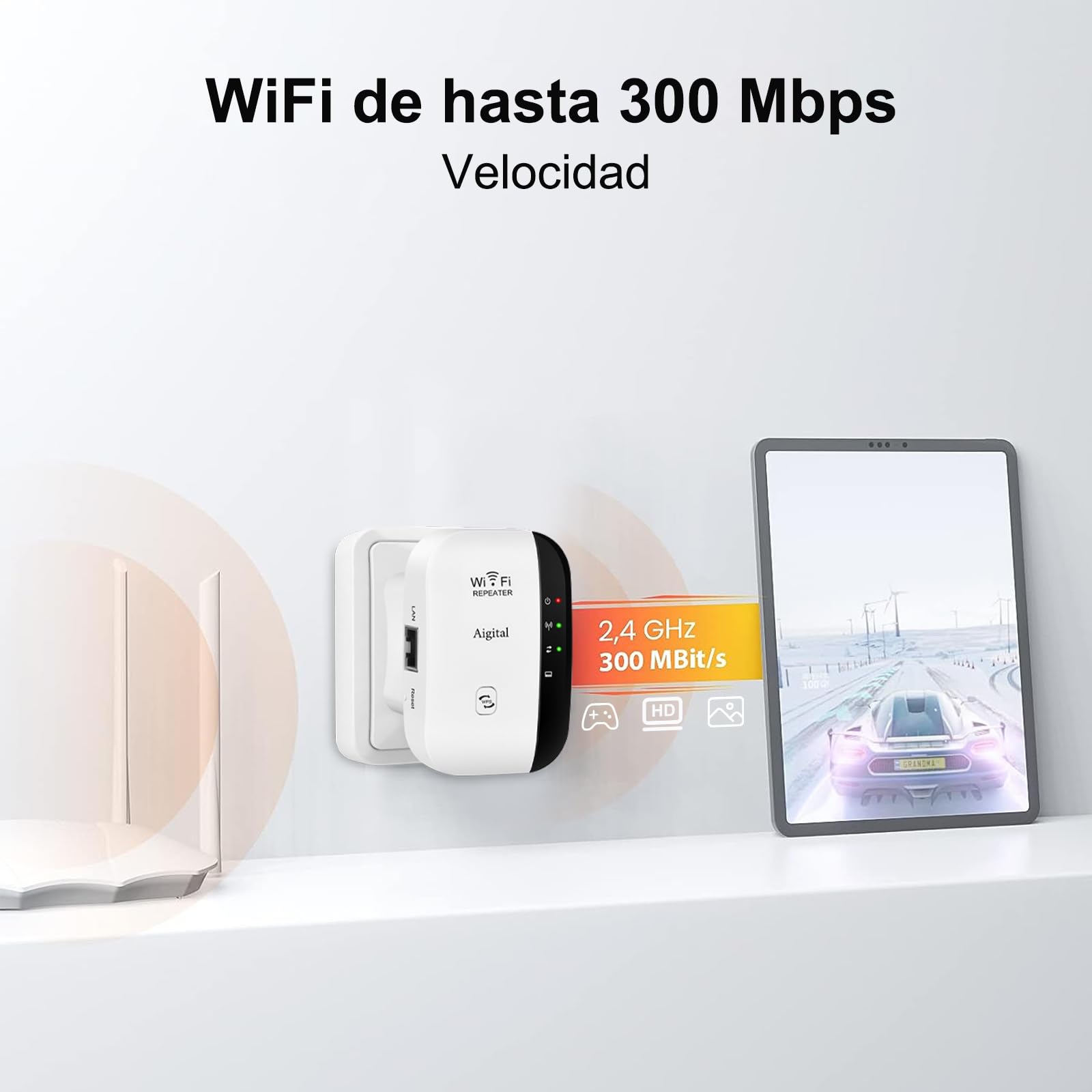 Repetidor de Red WiFi Extensor Amplificador de Wi-Fi más de 120 Metros, Configuración WPS con un Toque, 2 Puerto Ethernet, 300 Mbps, 2.4GHz, Compatible con los Routers y ADSL/Fibra — view 5
