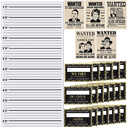 Roaring 20s Mug Shot Photo Booth Props, Height Chart Backdrop, Wanted Sign Posters Pack 26-Count