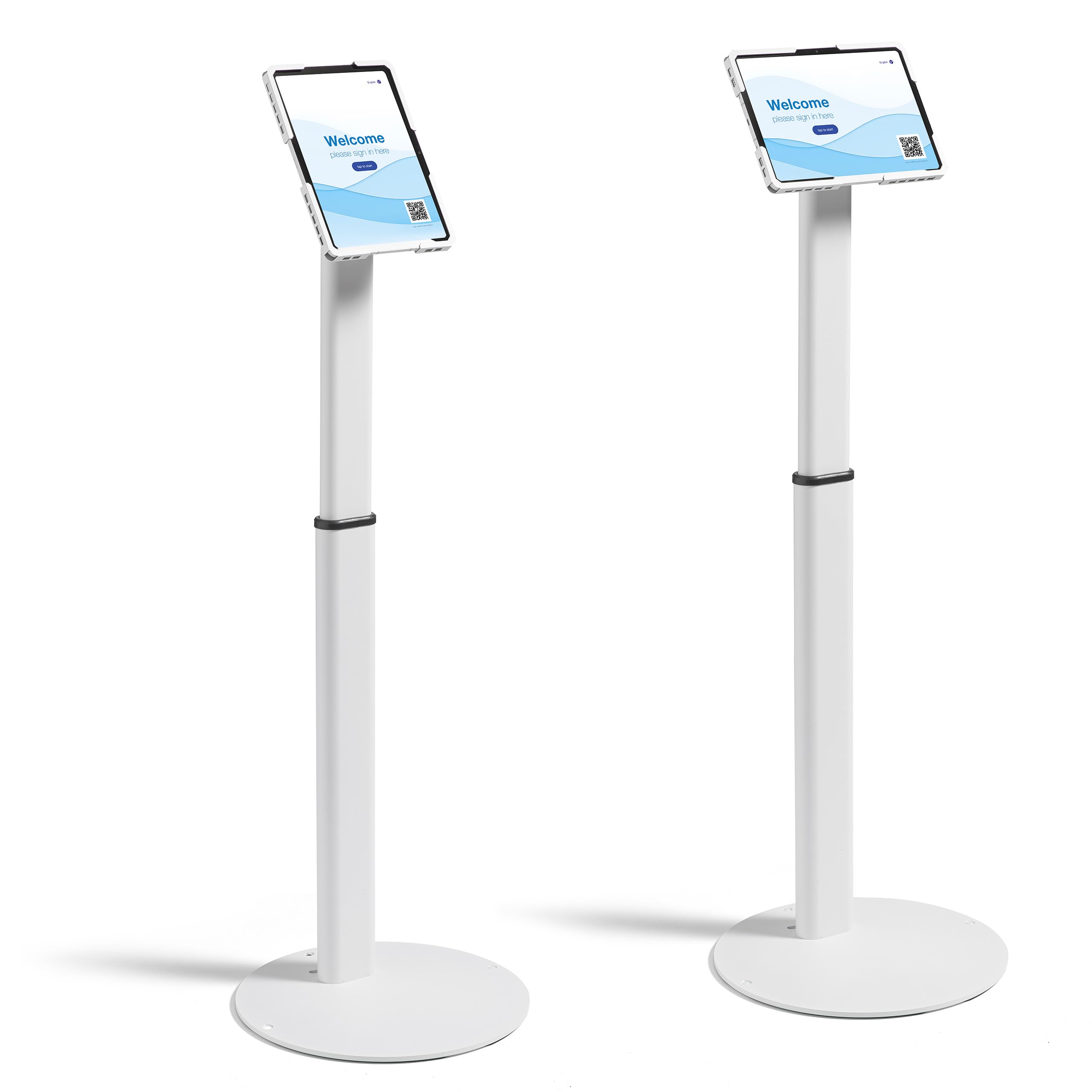 Supporto da pavimento universale per tablet regolabile 70–120 cm – per iPad e tablet 10–13 pollici – girevole, inclinabile, base stabile in metallo, gestione cavi, bianco