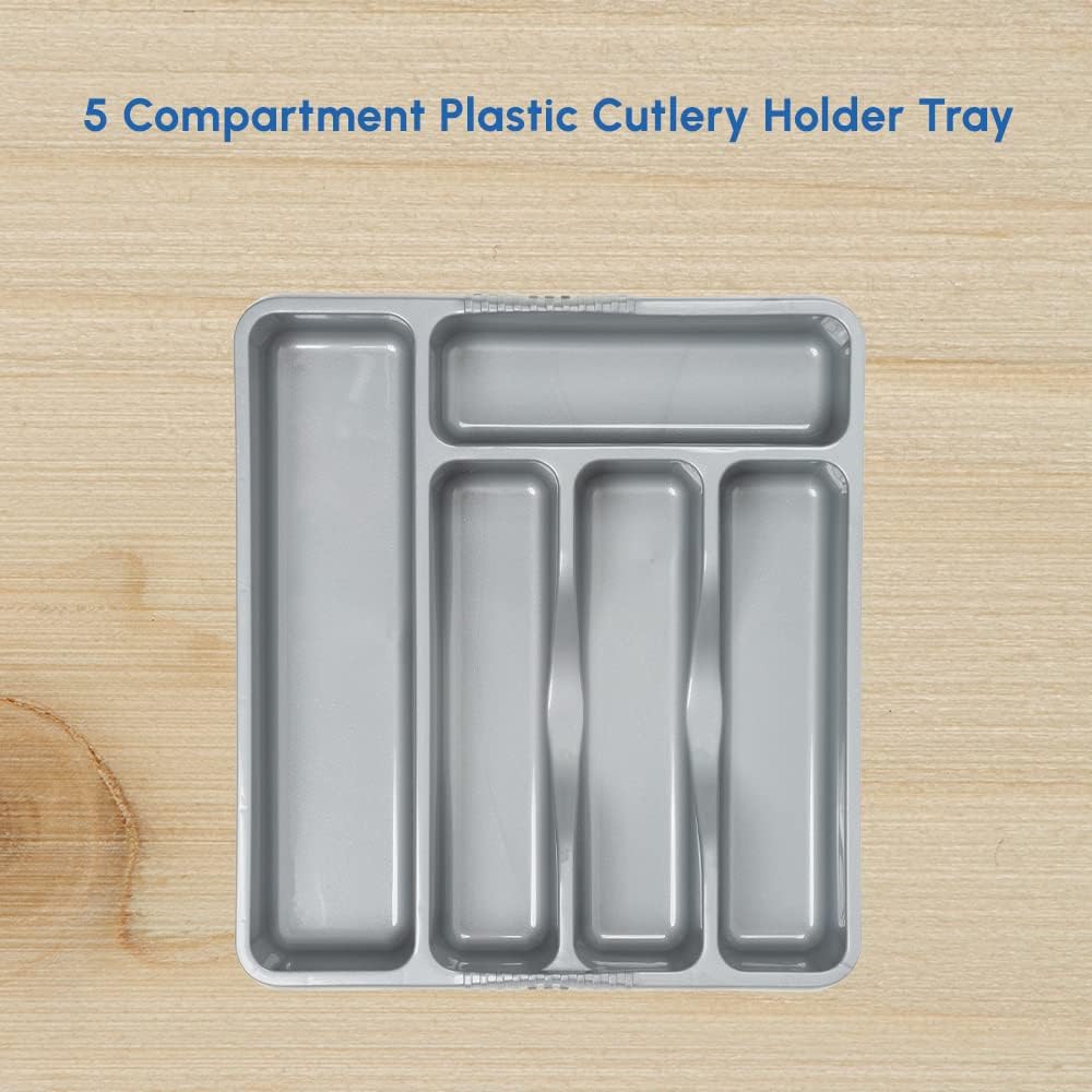 ACCURATE 5 Compartment Plastic Cutlery Holder Tray Drawer Organiser Rack. Durable yet lightweight and easy to clean with a high gloss finish (SILVER) (Pack of 2) - Image 4