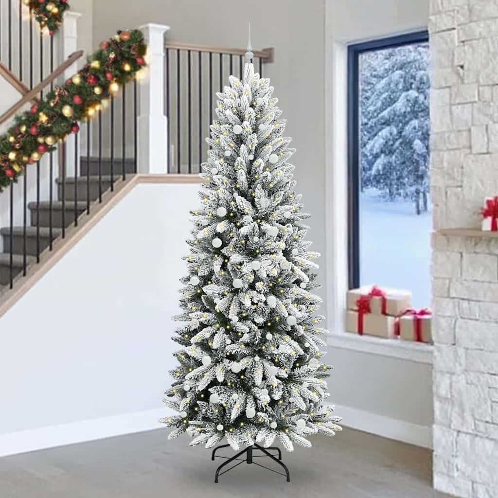 Árbol de Navidad artificial blanco de 240 cm con 300 ledes de color blanco cálido, soporte resistente, ramas con bisagras, para interior y exterior protegido, decoración festiva