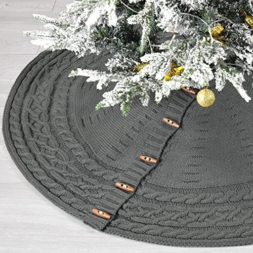 60-Inch Knitted Christmas Tree Skirt Round with Wooden Toggle Buttons (Ash Grey)