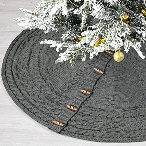 60-Inch Knitted Christmas Tree Skirt Round With Wooden Toggle Buttons (Ash Grey) #TOP2