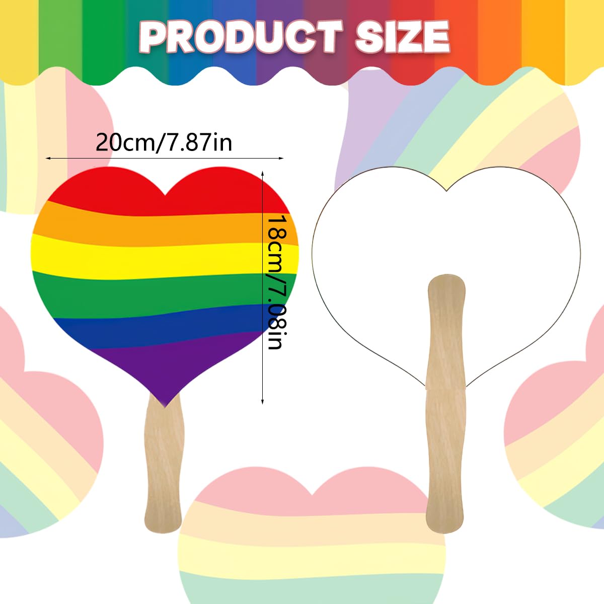 BASEMMAHER 6Pcs Rainbow Heart Hand Fan Fans Pride Colorful Heart Shape Hand Held Fan LGBT Wooden Handle Handheld Fan Pride Month Accessories for Wedding Parade Festival Events Dance Party Supplies