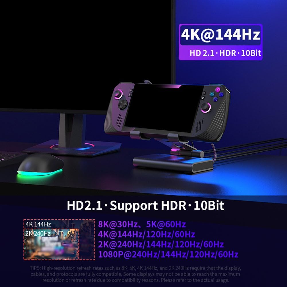 Docking station 4K@144Hz con doppie ventole di raffreddamento per console portatili, uscita 85W, Gigabit Ethernet, compatibile con rog Ally-X, Steam Deck, per legion Go, OneXPlayer APEX