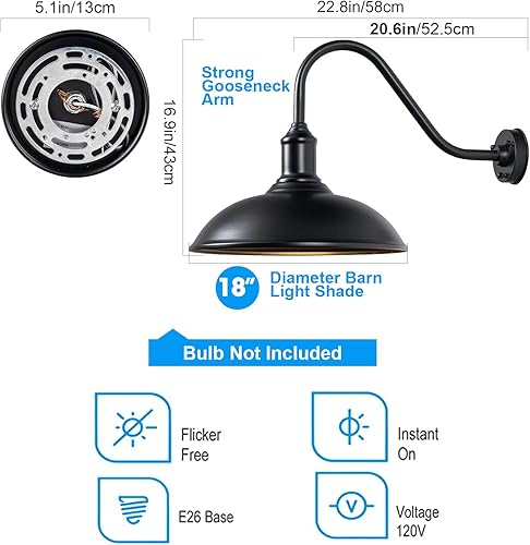 Miniatura 4 de FORMAIMI Luz de granero grande de 18 pulgadas con cuello de cisne, montaje en pared para exterioresinteriores, lámpara industrial Exteior