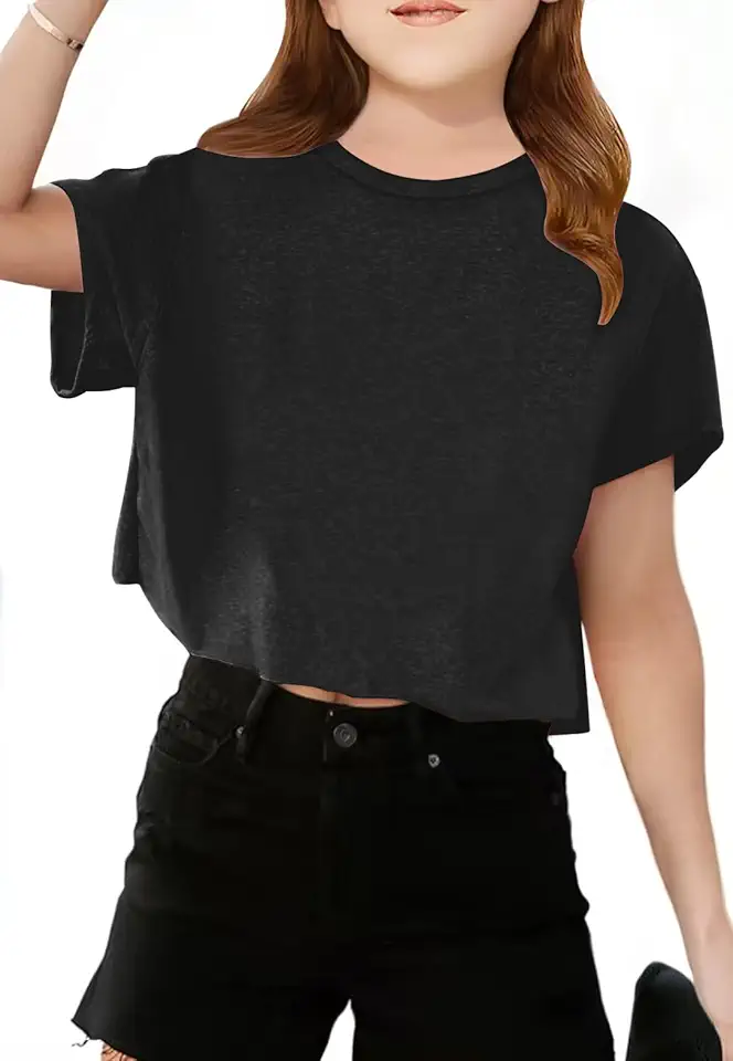 CharmWM Girls Short Sleeve Crop Tops Kids Fashion Oversized Crew Neck Cropped T Shirts Casual Tees
