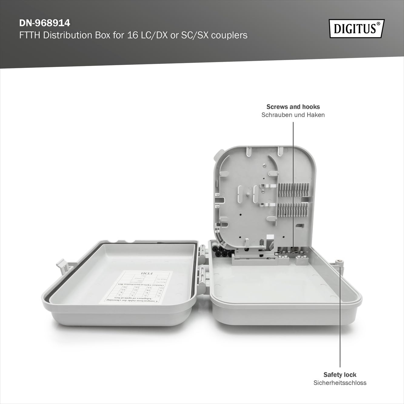 DIGITUS Scatola di distribuzione FTTH da esterno - 16x LC/Duplex o 16x SC/Simplex - Classe di protezione IP65 - Cassetta di giunzione per fibra ottica - Grigio