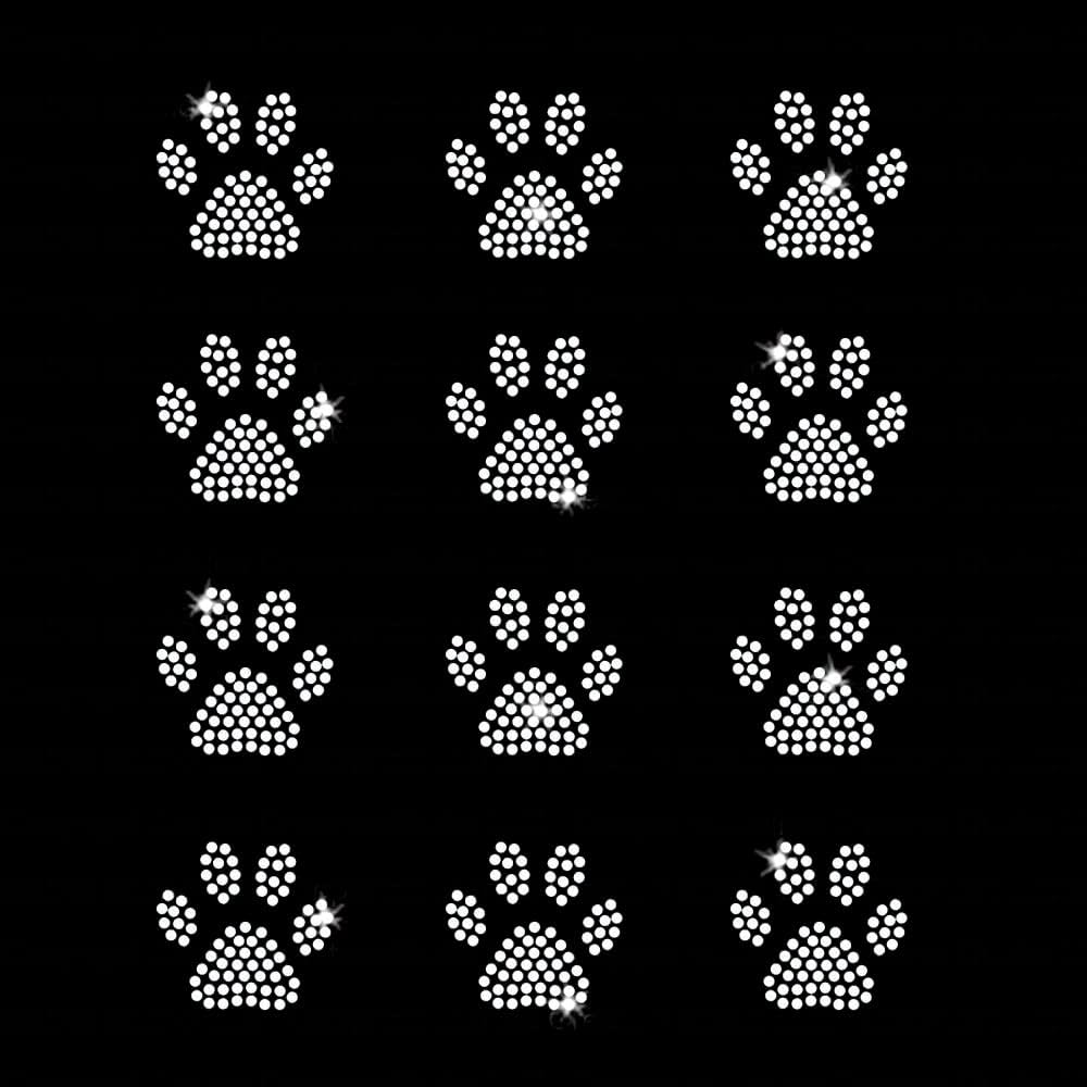 Set of 12 Mini Paw Print Dog Cat Iron On Rhinestone Bling Crystal T-Shirt Transfers by JCS Rhinestones