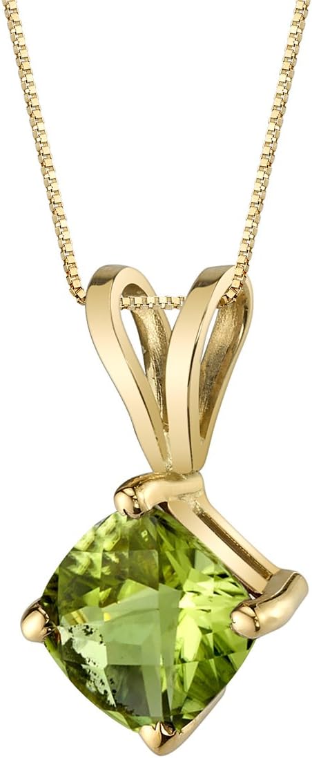 PEORA Peridot Pendant for Women 14K Yellow Gold, Genuine Gemstone Classic Solitaire, Cushion Cut, 6mm, 1 Carat total, Real Gold Peridot Jewelry, August Birthstone Necklace, w/Jewelry Box