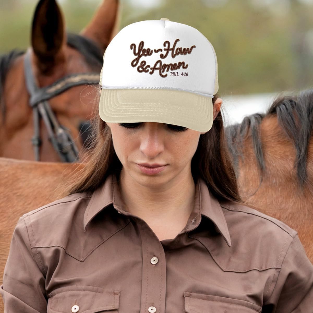 Kerusso - Yee-Haw and Amen Phil. 4:20 - Polyester - Women's Mid-Rise Trucker Hat - One Size Fits Most, Tan and White