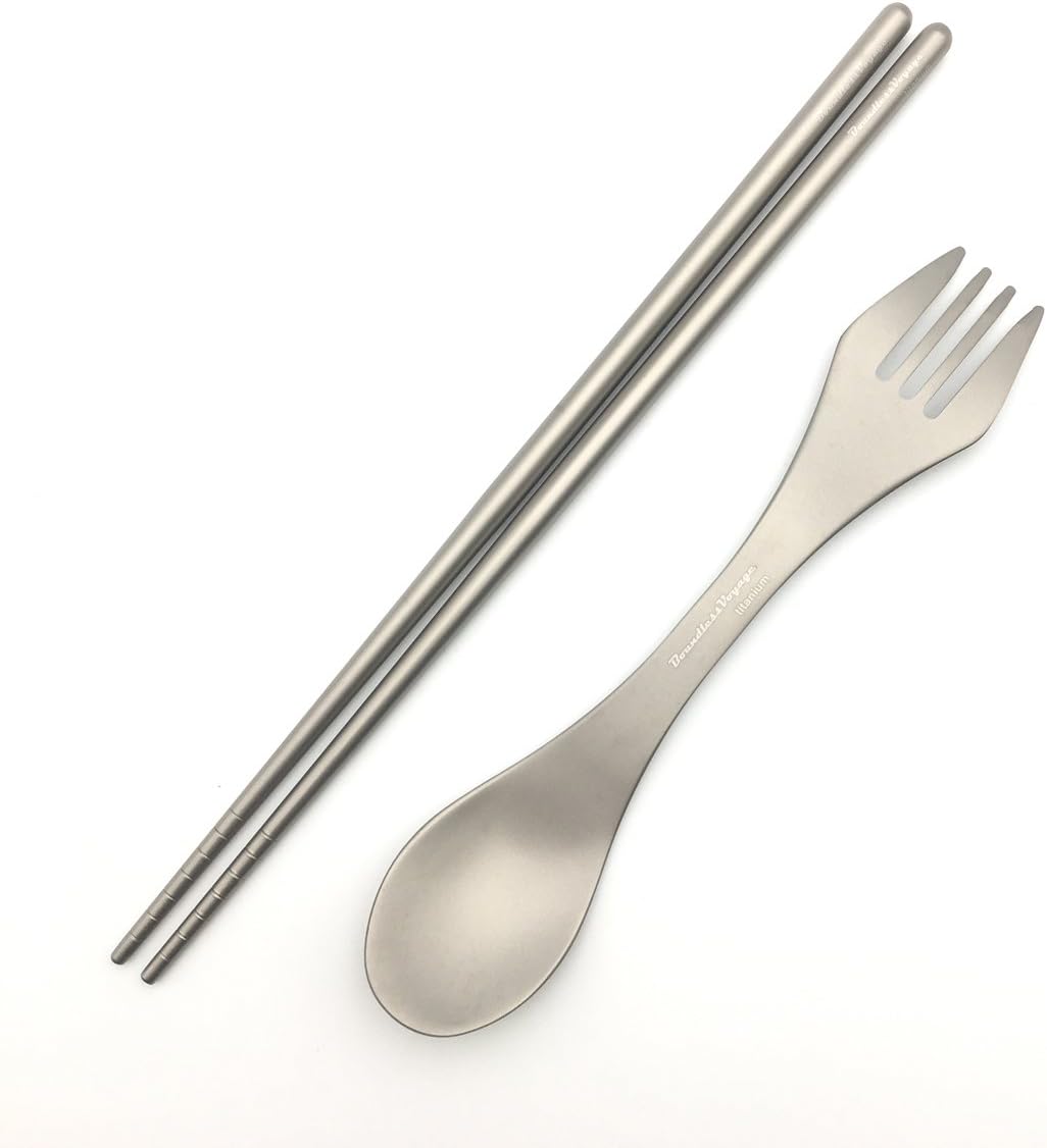 ZEARE Titanium Utility Cutlery Set 2PCS Extra Strong Ultra Lightweight (Ti) Round Chopsticks, Spoon Fork,Spork for Home Use/Travel/Camping Cutlery Set in Case