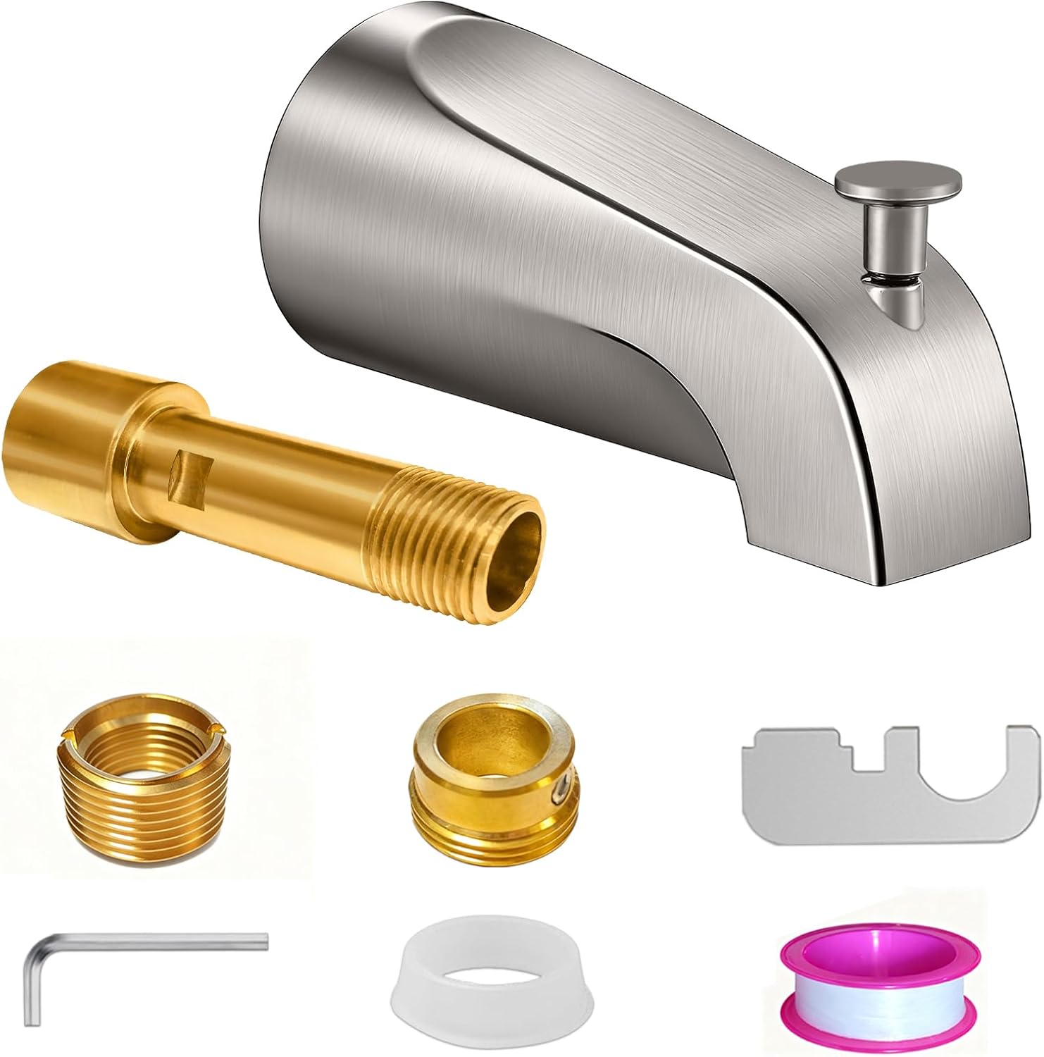 Bathtub Spout with Diverter, All Metal,5.3 Inch Tub Spout, Fits 1/2" Copper Slip-On and 1/2" or 3/4" IPS Threaded Pipes, Leak-Free, Slip Fit Tub Spout with Pull-Up Diverter，Brushed Nickel