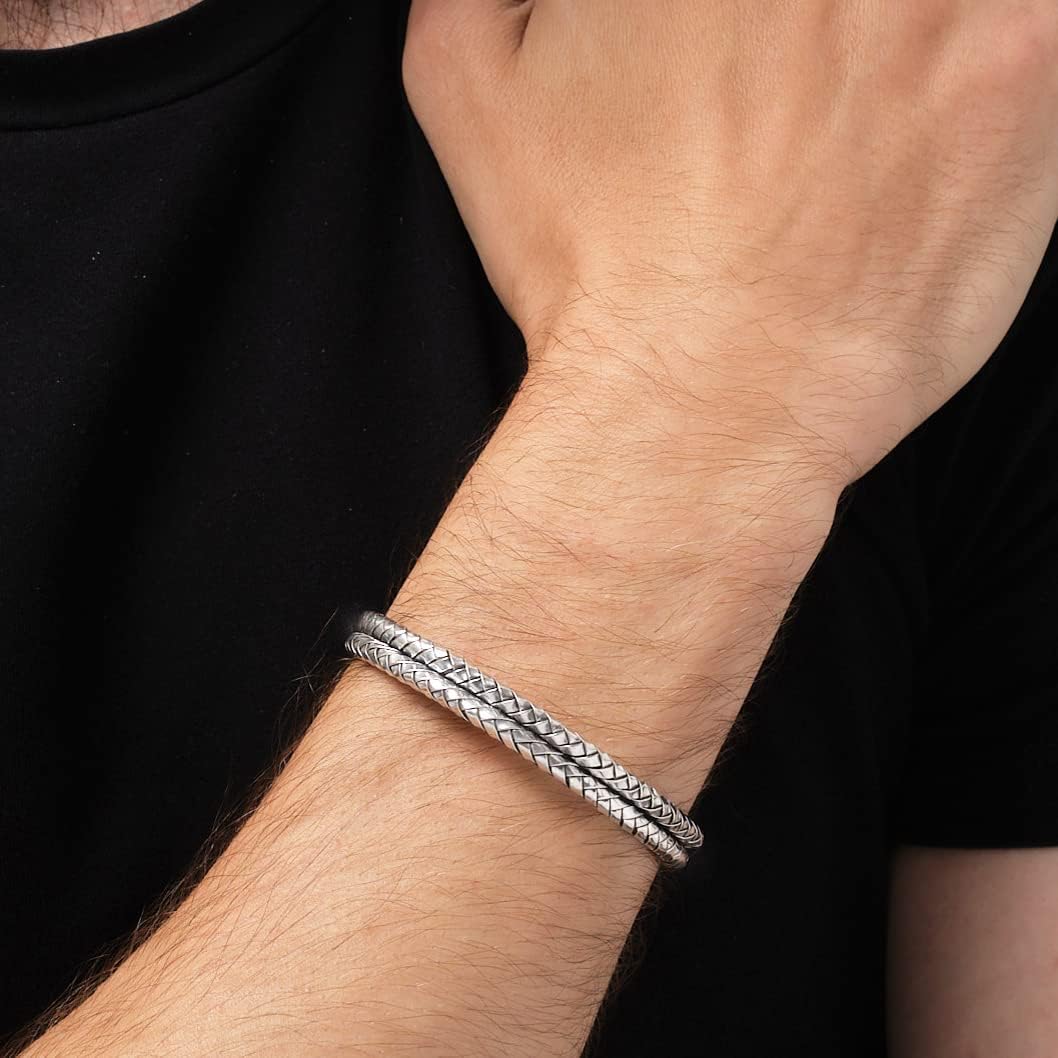 Men's 925 Sterling Silver Bangle Bracelet - Double Row Woven Braided Silver Bangle Bracelet For Men - Image 4