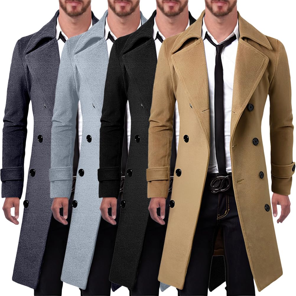 Manteau en Laine pour Homme Long Manteau Veste en Laine Trench Coat Chaud Vêtements Deux Boutonnages Pardessus Parka Coupe Vent Outerwear Vintage Blousons