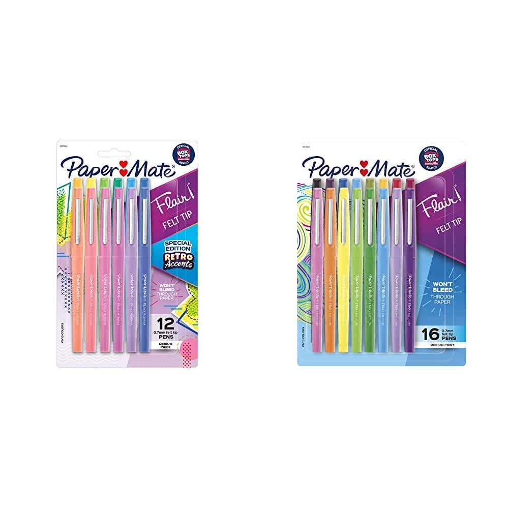 Paper Mate Flair Felt Tip Pens, Medium Point, Assorted, Special Edition Retro Accents, 12 Pack & Flair Felt Tip Pens, (0.7mm), 16 Count