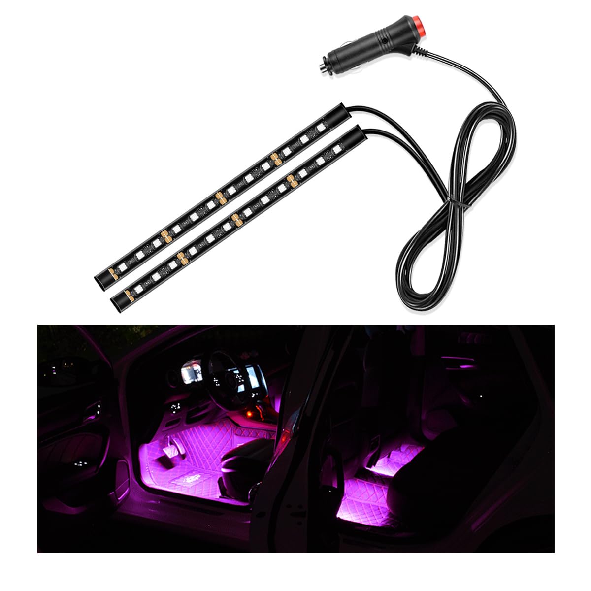 Car LED Strip Light, 24 LED Interior Under Dash Atmosphere Lights with Cigarette Lighter, Vehicle Decor Lamp Ambient Night Light Strip Lighting, Universal Car Accessories (Pink Purple)