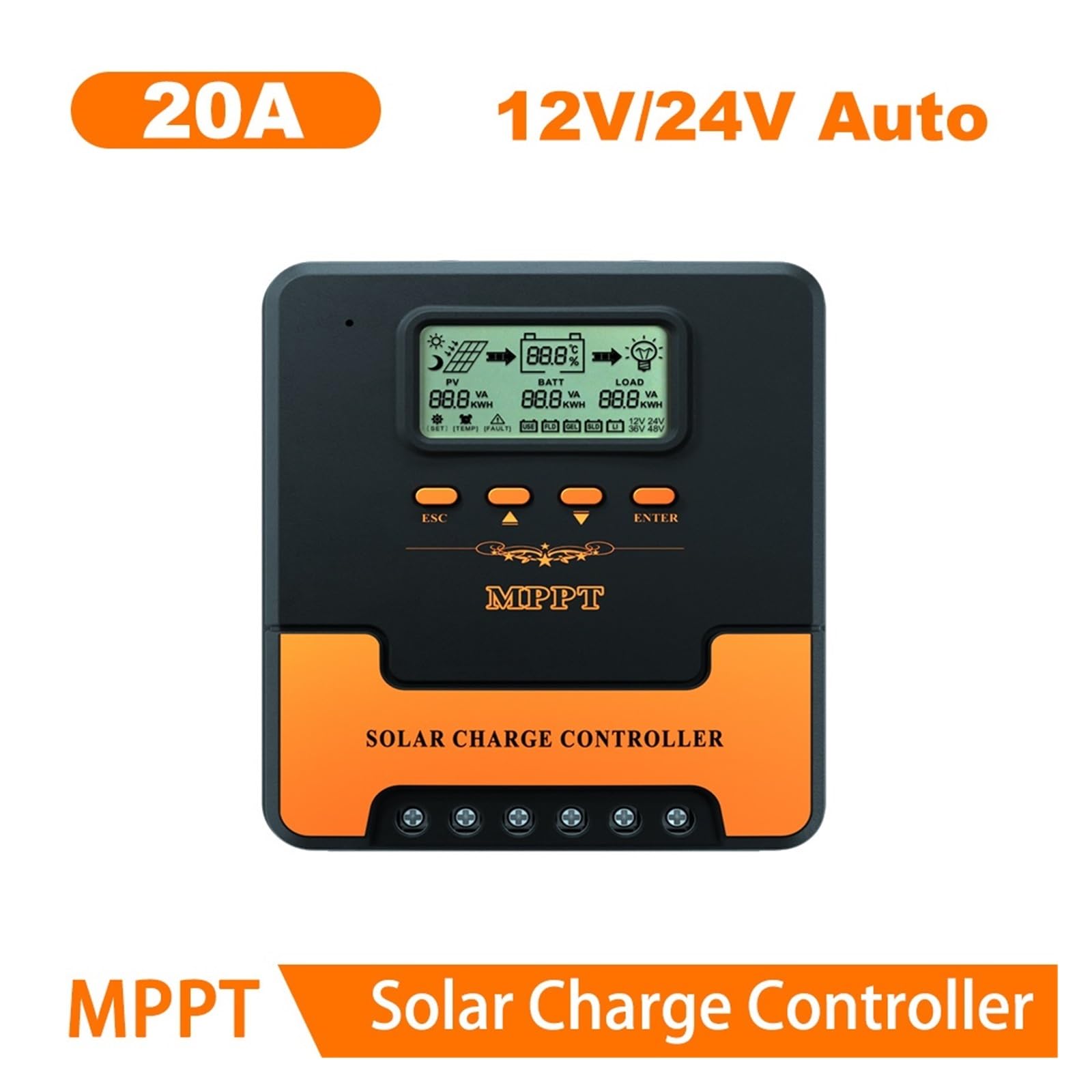 Kontroler ładowania słonecznego, 12V/24V Auto MPPT Regulator Ładowania Słonecznego 10A/20A/30A/40A/50A/60A Inteligentny Solarny PV Do Ładowarki Akumulatorów Litowo-ołowiowych(20A)