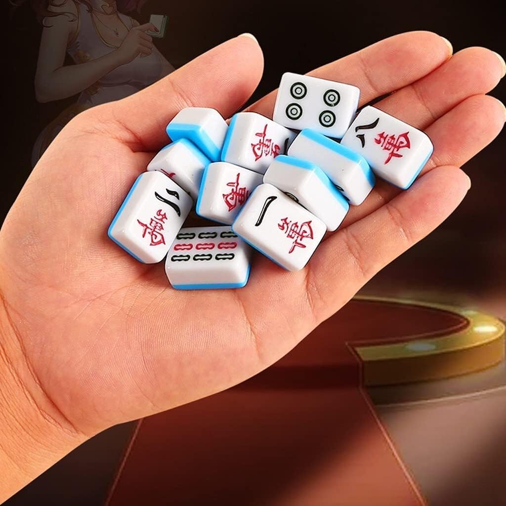 Mini Jeu de Mahjong Portable de Voyage for la Famille avec 144 tuiles gravées, Divertissement for la Maison(Blu)