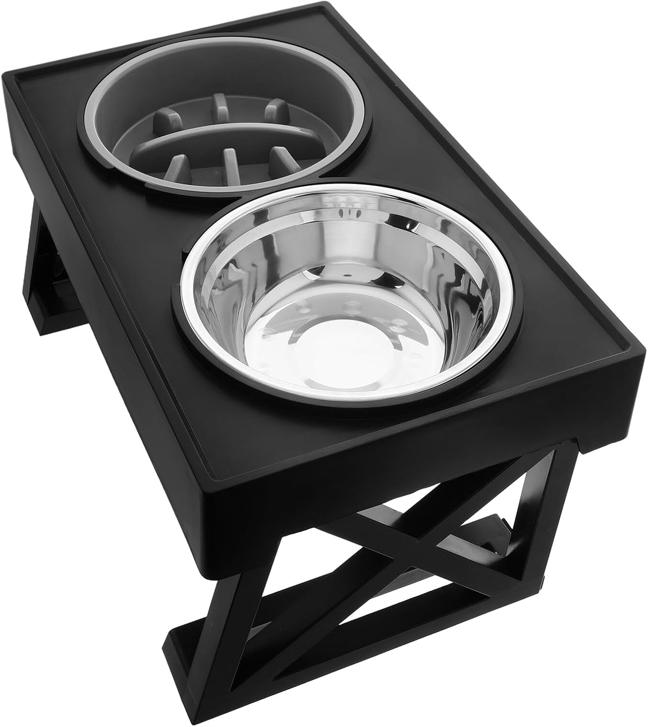 Elevated Stainless Steel Pet Bowl Set with Slow Feeder and Water Dish, Adjustable Height Raised Double Bowls for Cats and Small Dogs, Anti-Choke Feeding Stand for Home and Travel