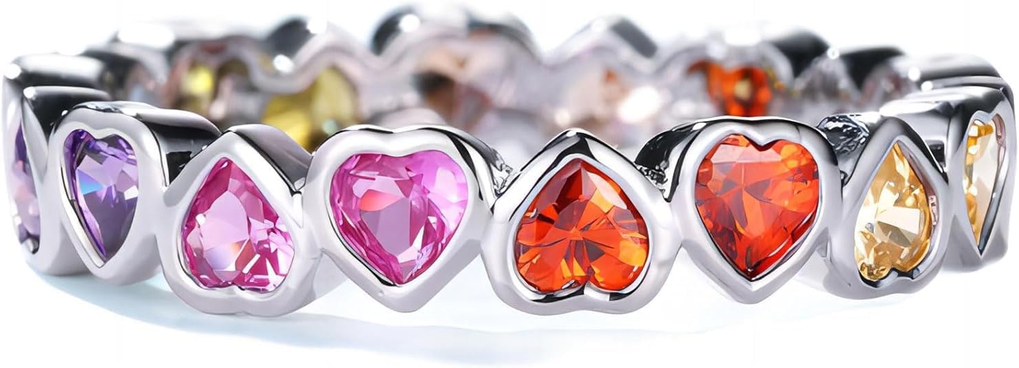 WES 925 Sterling Silver Colorful Rainbow Cubic Zirconia Eternity Rings for Women, Size 6-8