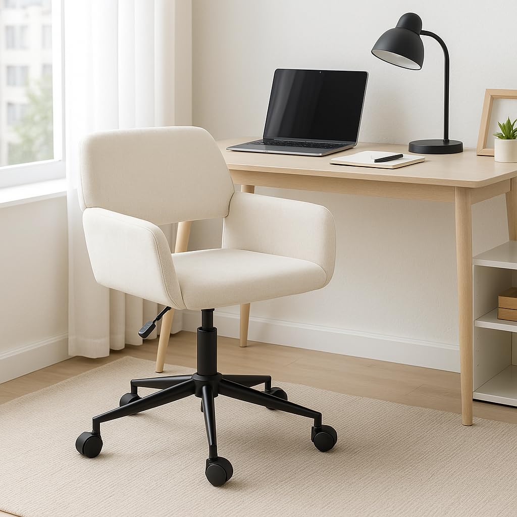 Ergonomiczne obrotowe krzesło w kolorze beżowym szenilowym – regulowana wysokość i miękkie wyściełanie, idealne do domowego biura i nauki, funkcja obracania i regulacji wysokości