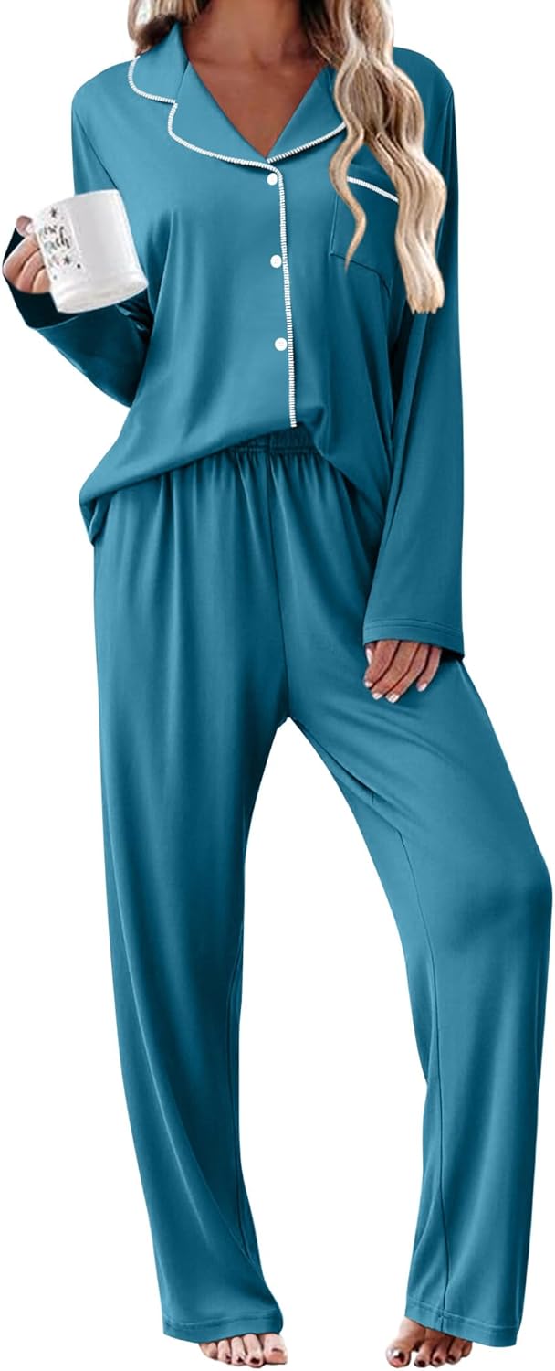 Ekouaer Womens Pajama Sets 2 Piece Long Sleeve Sleepwear Soft Button Down Pjs Lounge Set S-XXL