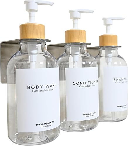 Dispensador de champú para montaje en pared de ducha, juego de dispensador de champú y acondicionador sin taladros con etiquetas impermeables, 3